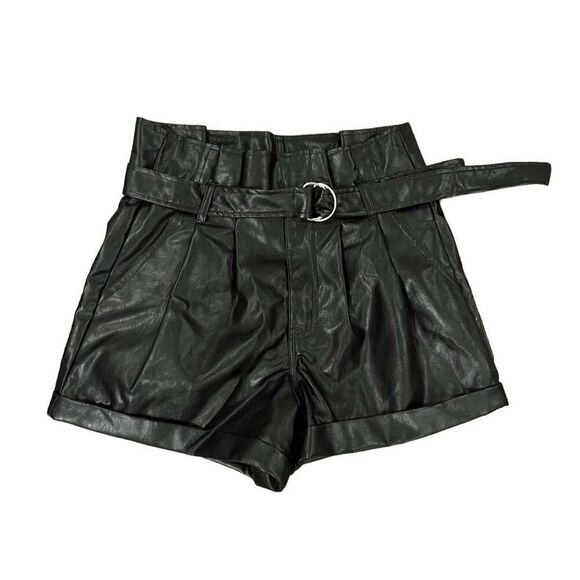 Madden NYC Mini Shorts Women's Small Black Faux Leather Belted - Picture 1 of 7